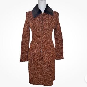Barami 2 Piece Skirt Suit Boucle Burnt Orange Brown Faux Fur Collar EUC Size 4
